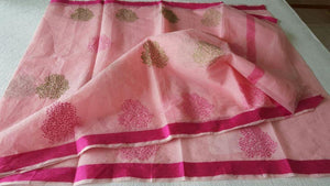 Designer Pink Kota Cotton Embroidered Floral Motif Saree KCS79-Ethnic's By Anvi Creations-Handloom Saree