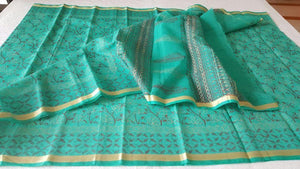 Designer Green Gold Border Kota Cotton Printed Saree KCS81-Ethnic's By Anvi Creations-Handloom Saree