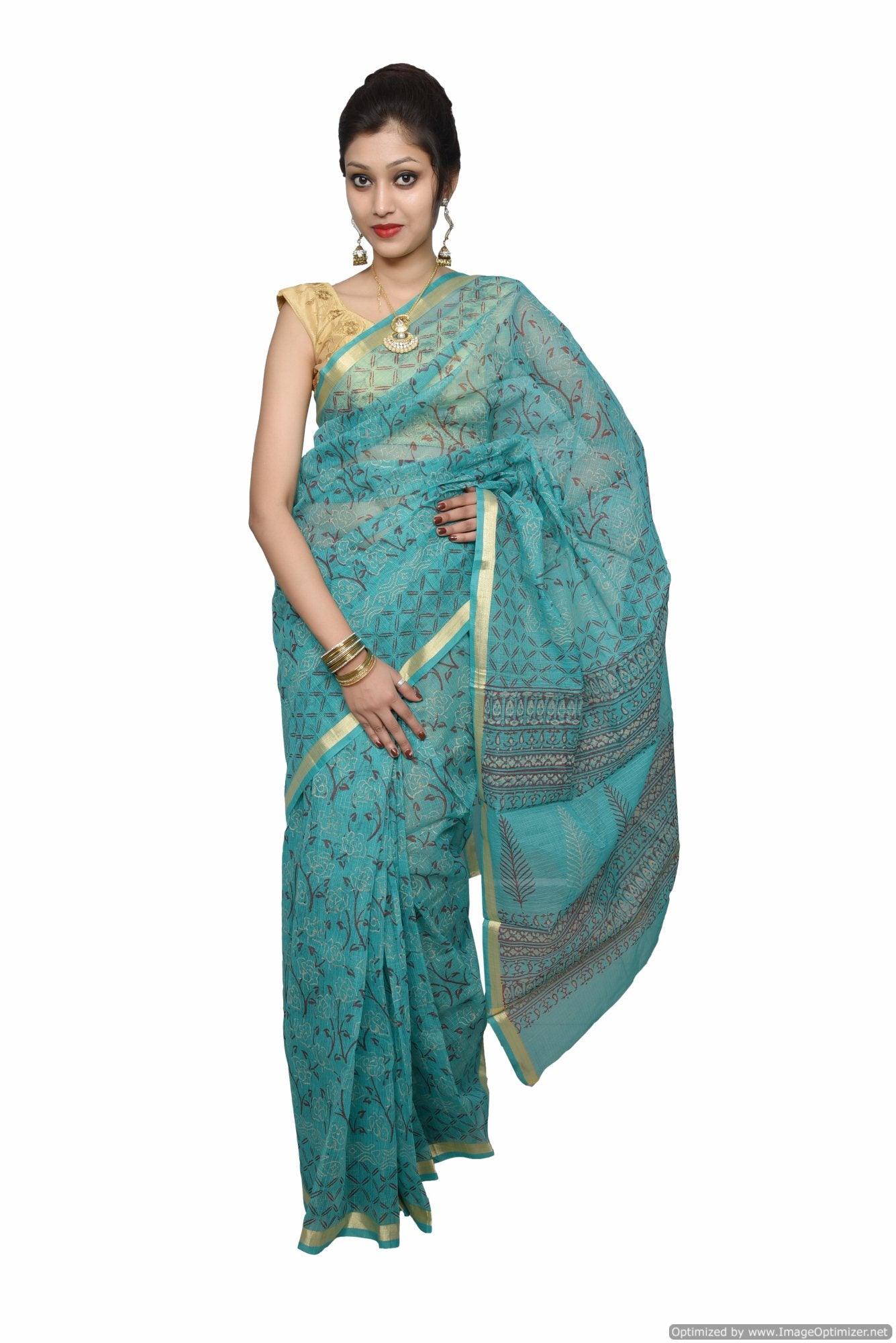 Designer Green Gold Border Kota Cotton Printed Saree KCS81-Ethnic's By Anvi Creations-Handloom Saree