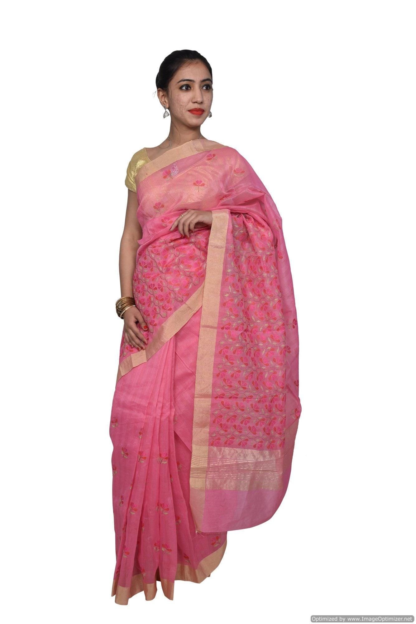 Designer Pink Kota Cotton Embroidered Saree KCS98-Ethnic's By Anvi Creations-Handloom Saree