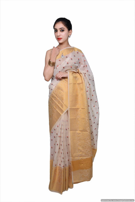 Designer Cream Kota Cotton Embroidered Saree KCS99-Ethnic's By Anvi Creations-Handloom Saree