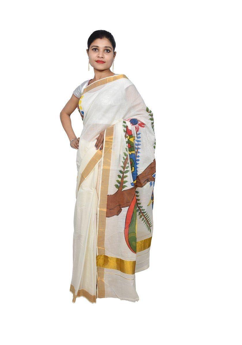 Designer Hand Painted Peacock Motif Kerela Cotton Saree KHP01-Anvi Creations-Kerela Saree