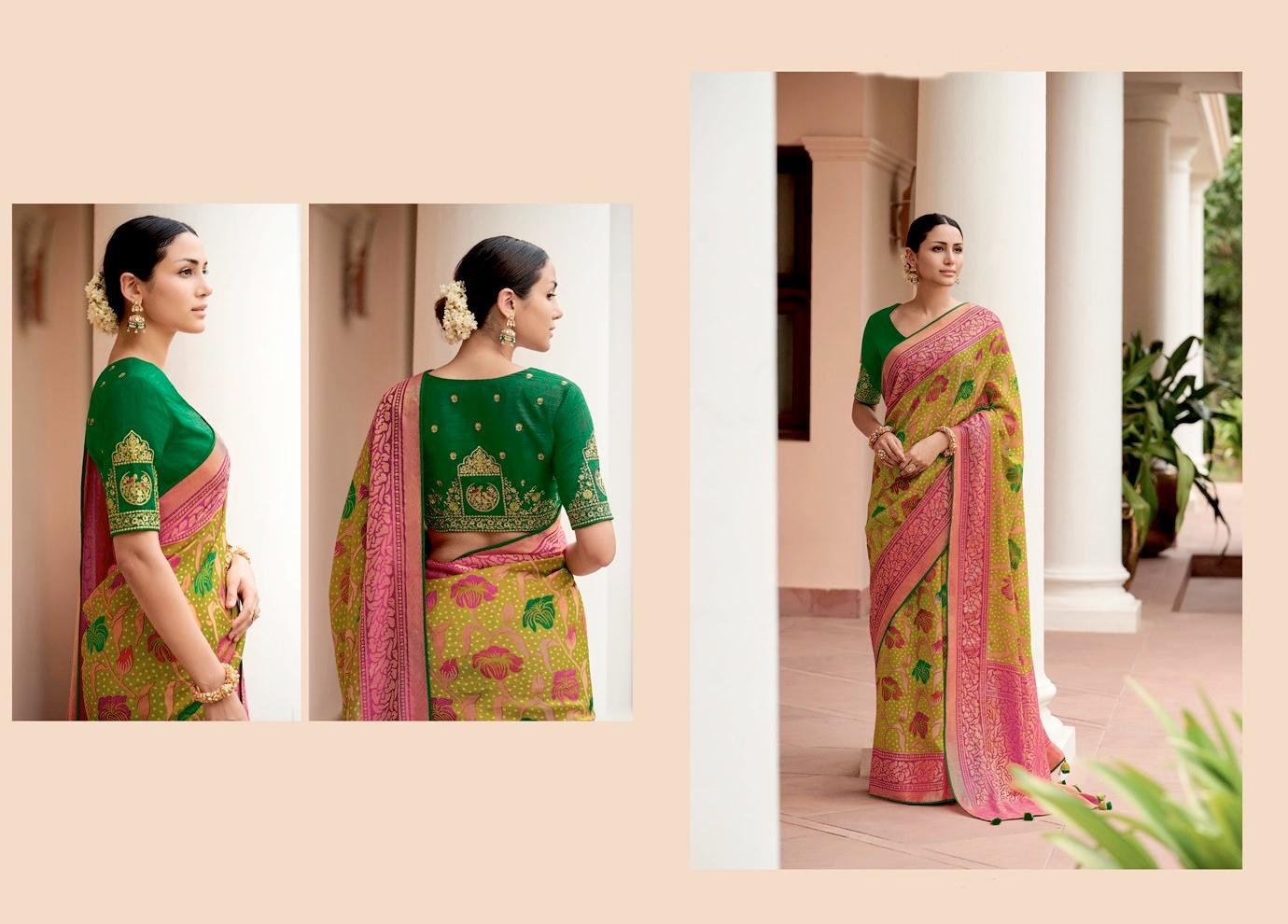 Pink and parrot green silk saree with blouse – Threads