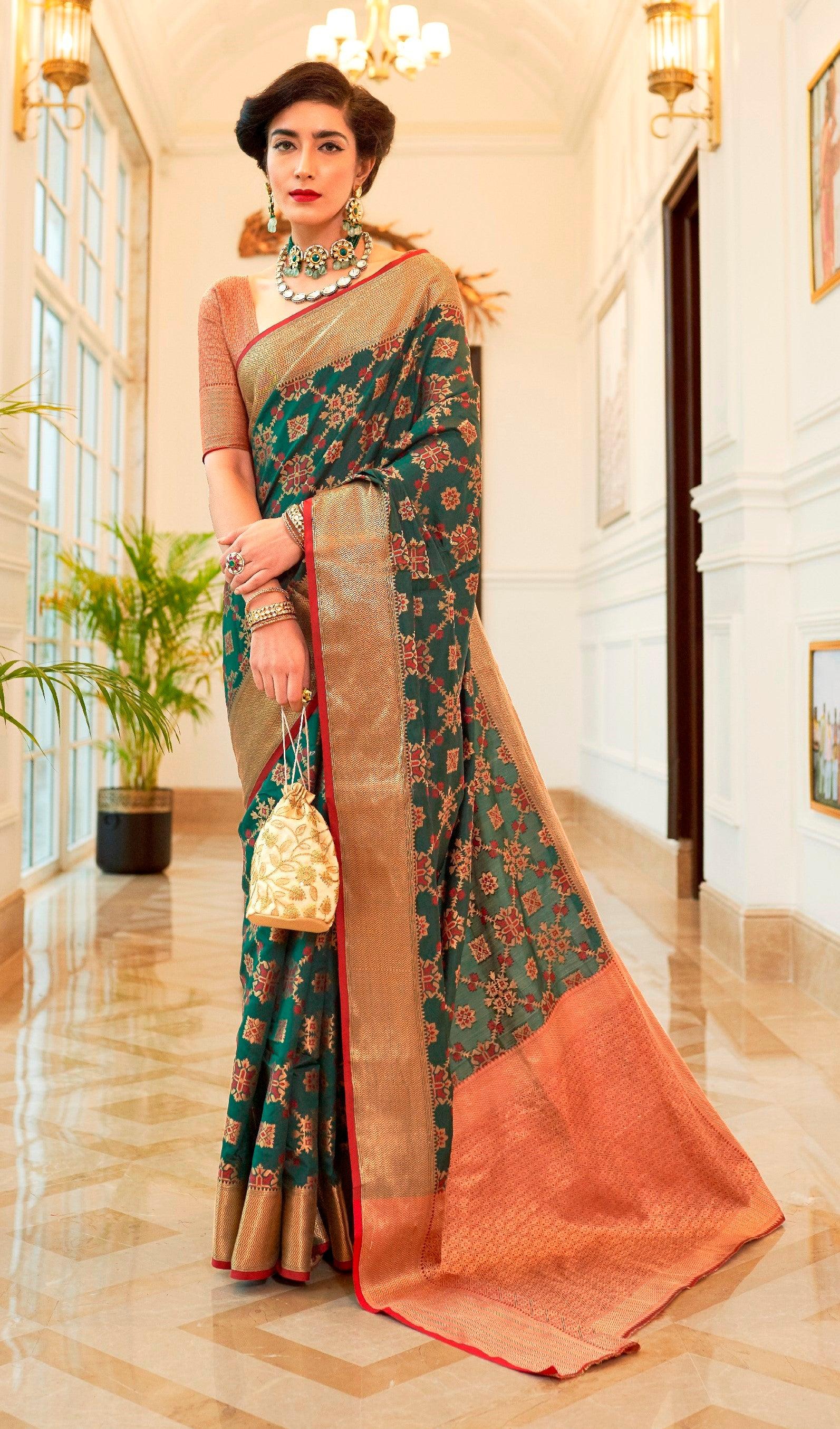 Designer Green Patola Weave Heavy Look Silk Saree KM02 - Ethnic's By Anvi Creations