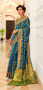 Designer Firozi Blue Patola Weave Heavy Look Silk Saree KM04 - Ethnic's By Anvi Creations