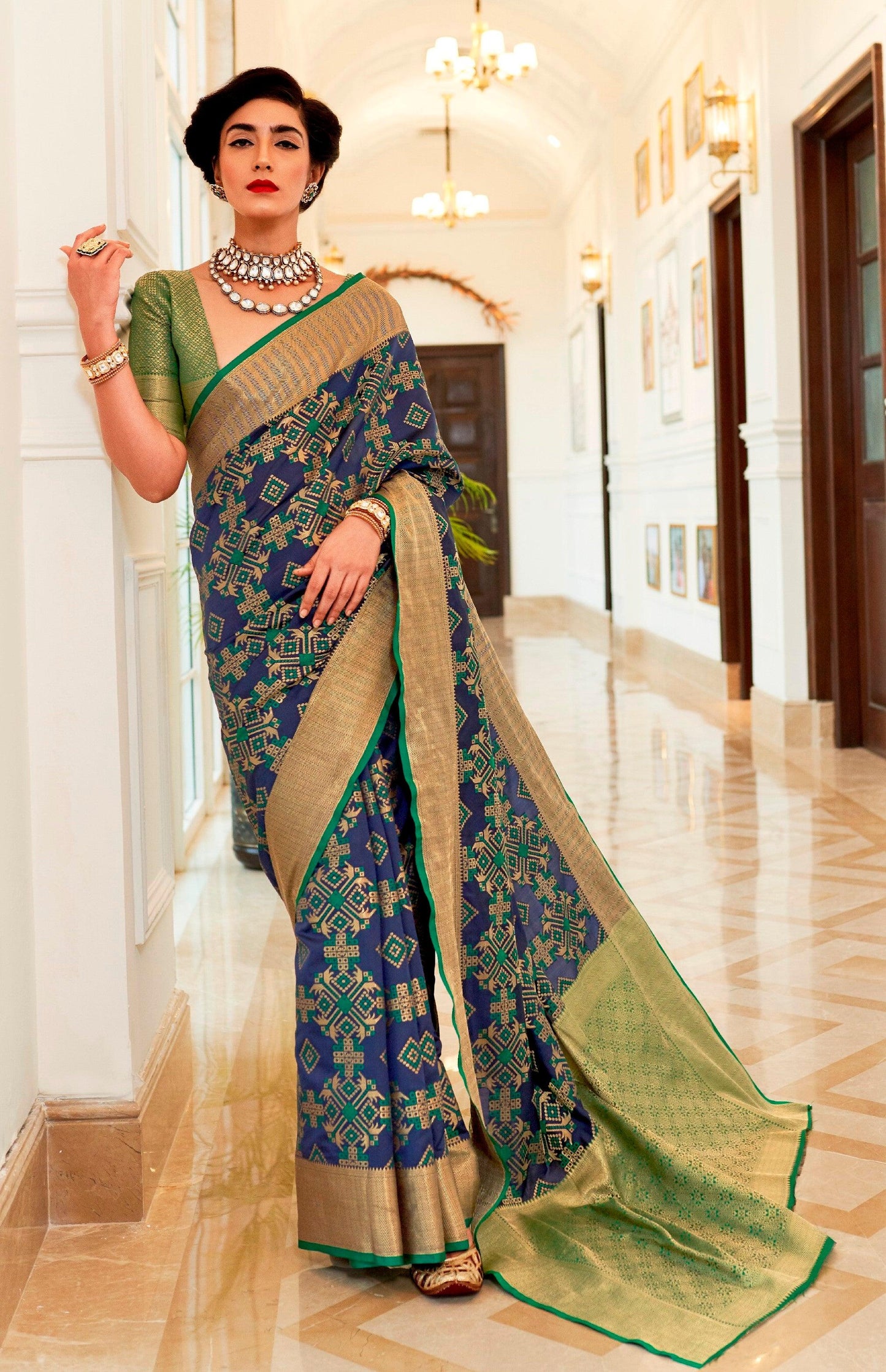 Designer Navy Blue Patola Weave Heavy Look Silk Saree KM06 - Ethnic's By Anvi Creations