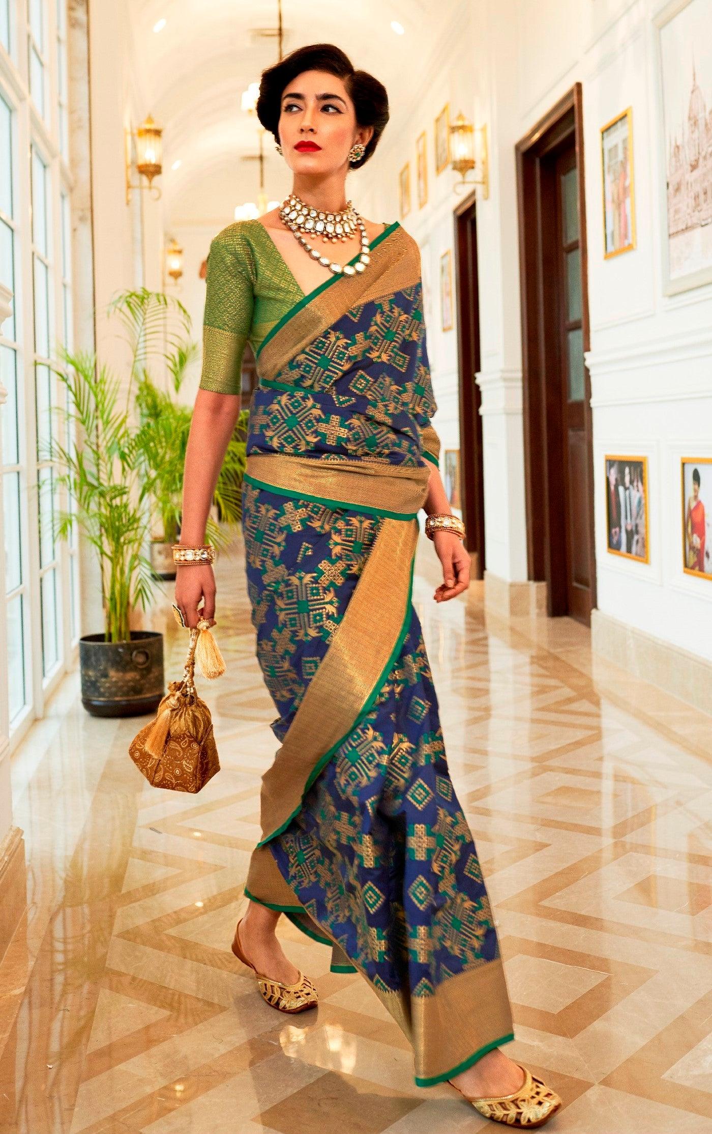 Designer Navy Blue Patola Weave Heavy Look Silk Saree KM06 - Ethnic's By Anvi Creations