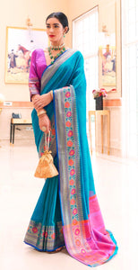 Designer Tuquoise Blue Silk Saree KN01 - Ethnic's By Anvi Creations