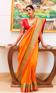 Designer Yellowish Orange Silk Saree KN04 - Ethnic's By Anvi Creations