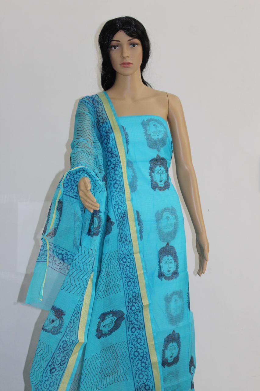 Exclusive Firozi Blue Block Printed soft Kota Cotton Kurta Dupatta Fabric Set KOTASS09-Anvi Creations-Block Printed