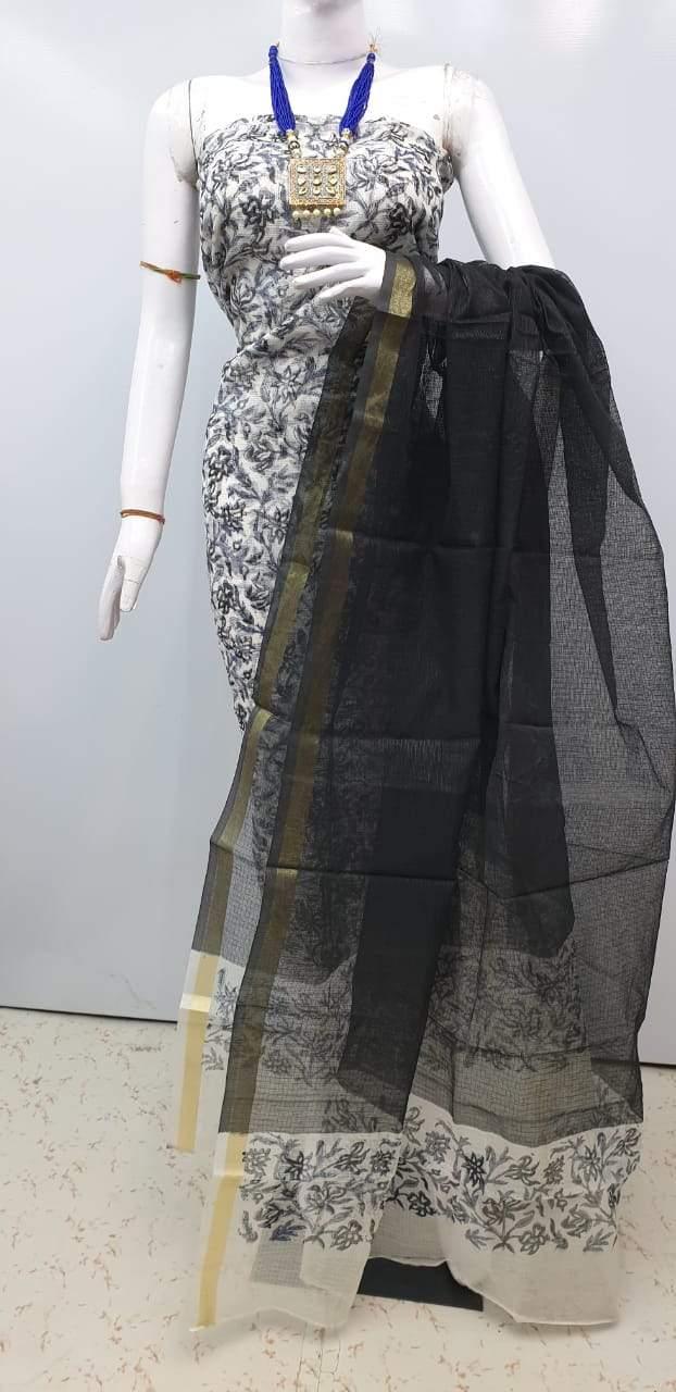 Exclusive Black Block Printed soft Kota Cotton Kurta Dupatta Fabric Set KOTASS10-Anvi Creations-Block Printed