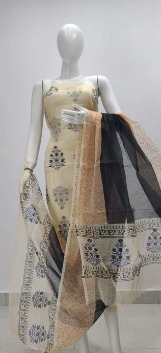 Exclusive Beige Block Printed soft Kota Cotton Kurta Dupatta Fabric Set KOTASS15-Anvi Creations-Block Printed