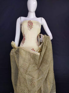 Exclusive Beige Green Block Printed soft Kota Cotton Kurta Dupatta Fabric Set KOTASS19-Anvi Creations-Block Printed
