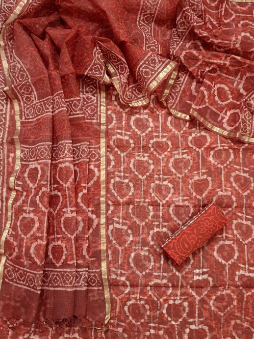 Rust Orange Block Printed Soft Kota Cotton Suit Dress Material KOTASS22 - Ethnic's By Anvi Creations