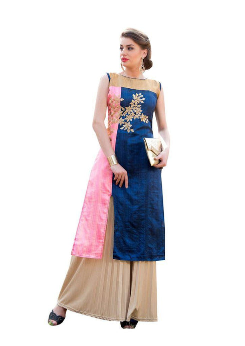 Designer Rayon Cotton Blue Embroidered Long Kurta Kurti Size XL SCKS107-Ethnic's By Anvi Creations-Designer Kurti