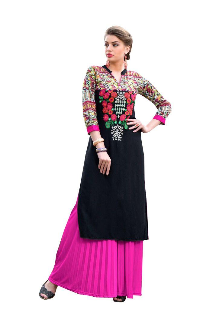 Designer Rayon Cotton Black Embroidered Long Kurta Kurti Size XL SCKS111-Ethnic's By Anvi Creations-Designer Kurti