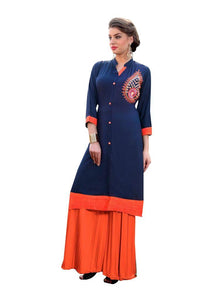 Designer Rayon Cotton Blue Embroidered Long Kurta Kurti Size XL SCKS113-Ethnic's By Anvi Creations-Designer Kurti
