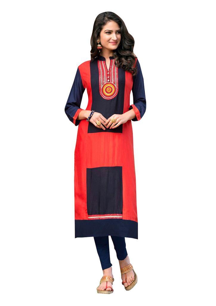 Designer Rayon Cotton Red Embroidered Long Kurta Kurti Size XL SCKS207-Ethnic's By Anvi Creations-Designer Kurti