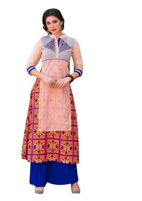 Designer Peach Orange Rayon Cotton Kora Silk Layered Embroidered Long Kurta Dress Size L SCKSD203-Ethnic's By Anvi Creations-Designer Kurti