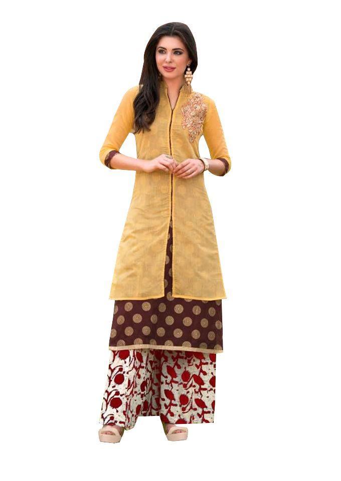Designer Yellow Rayon Cotton Kora Silk Layered Embroidered Long Kurta Dress Size L SCKSD210-Ethnic's By Anvi Creations-Designer Kurti