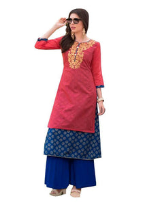 Designer Pink Rayon Cotton Kora Silk Layered Embroidered Long Kurta Dress Size L SCKSD214-Ethnic's By Anvi Creations-Designer Kurti