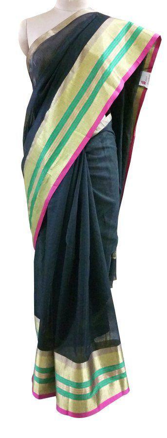 Designer Black Broad Golden Border Kota Cotton Saree KSS52-Ethnic's By Anvi Creations-Handloom Saree