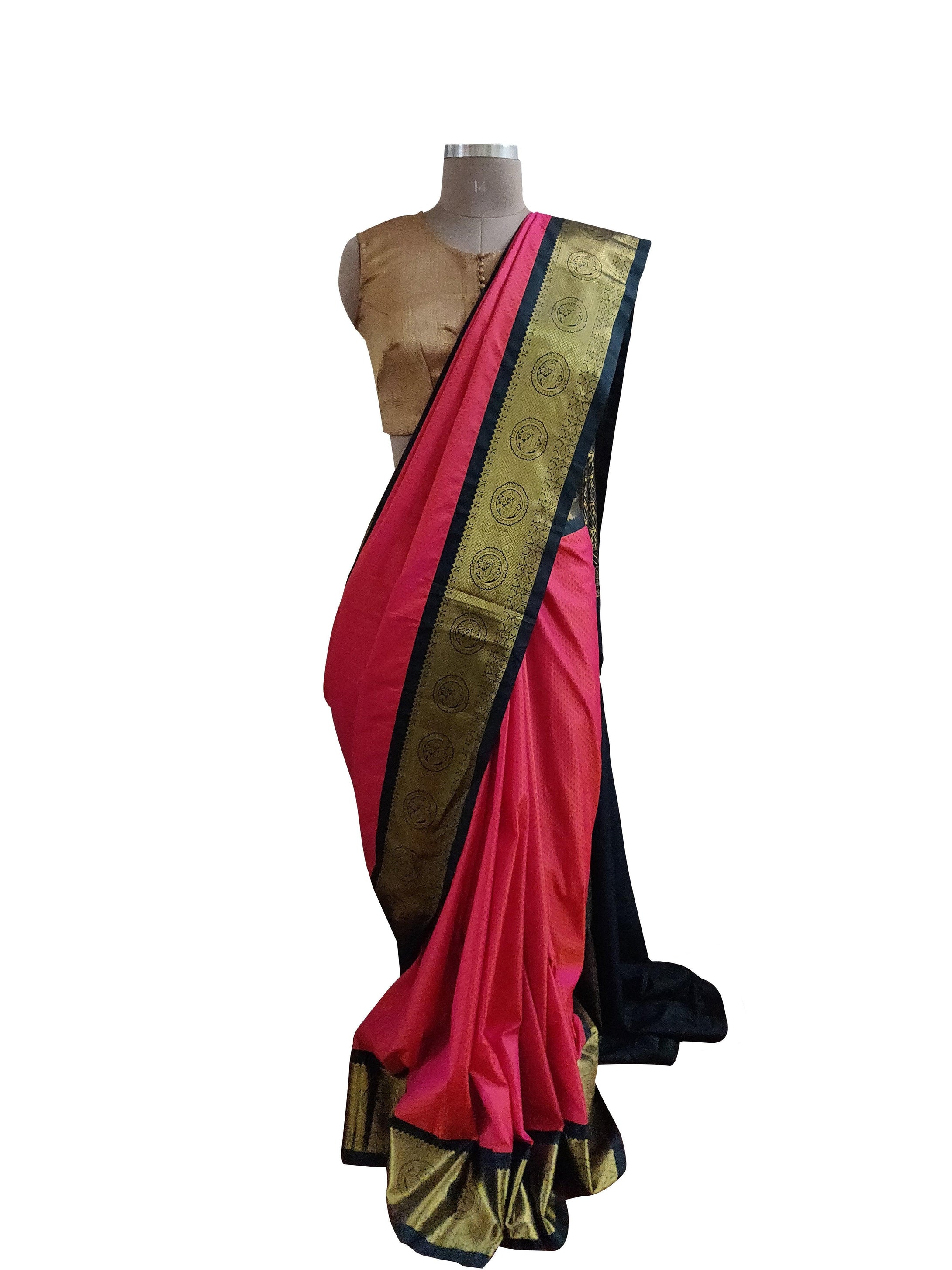 Buy Black and Red Color Pure Ikat Silk Saree with Broad Border At IndyVogue