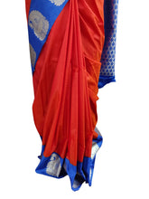 Charger l&#39;image dans la galerie, Orangish Red Blue Border Kanchi Blend Kanjivaram Silk Saree Kanchi07-Anvi Creations-Kanchi Blend Saree,Kanjivaram Saree