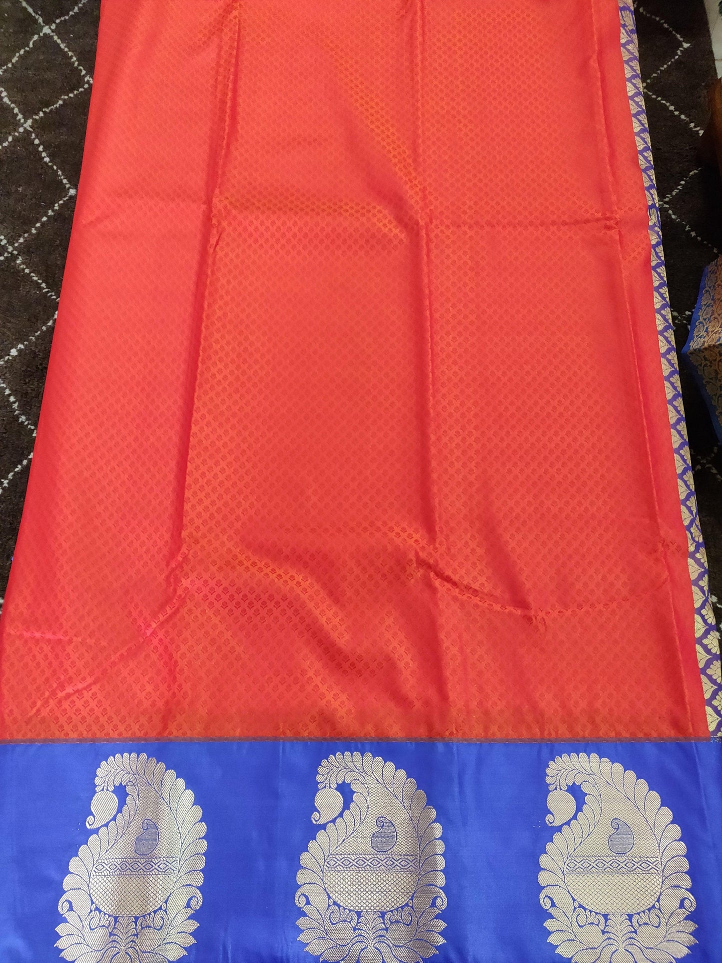 Orangish Red Blue Border Kanchi Blend Kanjivaram Silk Saree Kanchi07-Anvi Creations-Kanchi Blend Saree,Kanjivaram Saree