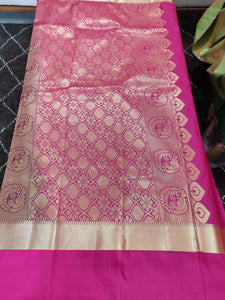 Bottle Green Pink Border Kanchi Blend Kanjivaram Silk Saree Kanchi08-Anvi Creations-Kanchi Blend Saree,Kanjivaram Saree