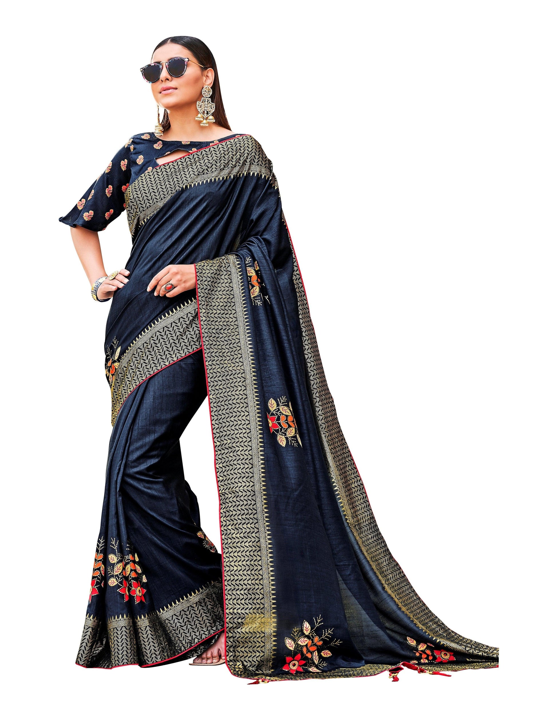 Designer Navy Blue Foil Printed Dola Silk Saree K1433-Anvi Creations-Designer Saree