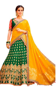 Green Yellow Pure Silk Lehenga Choli Dupatta L508-Anvi Creations-Party Wear Lehenga Choli