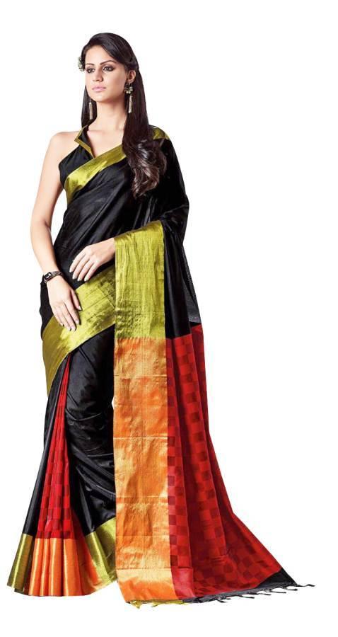 Black Cotton Silk Zari Border Saree Lacey-Anvi Creations-Handloom Saree