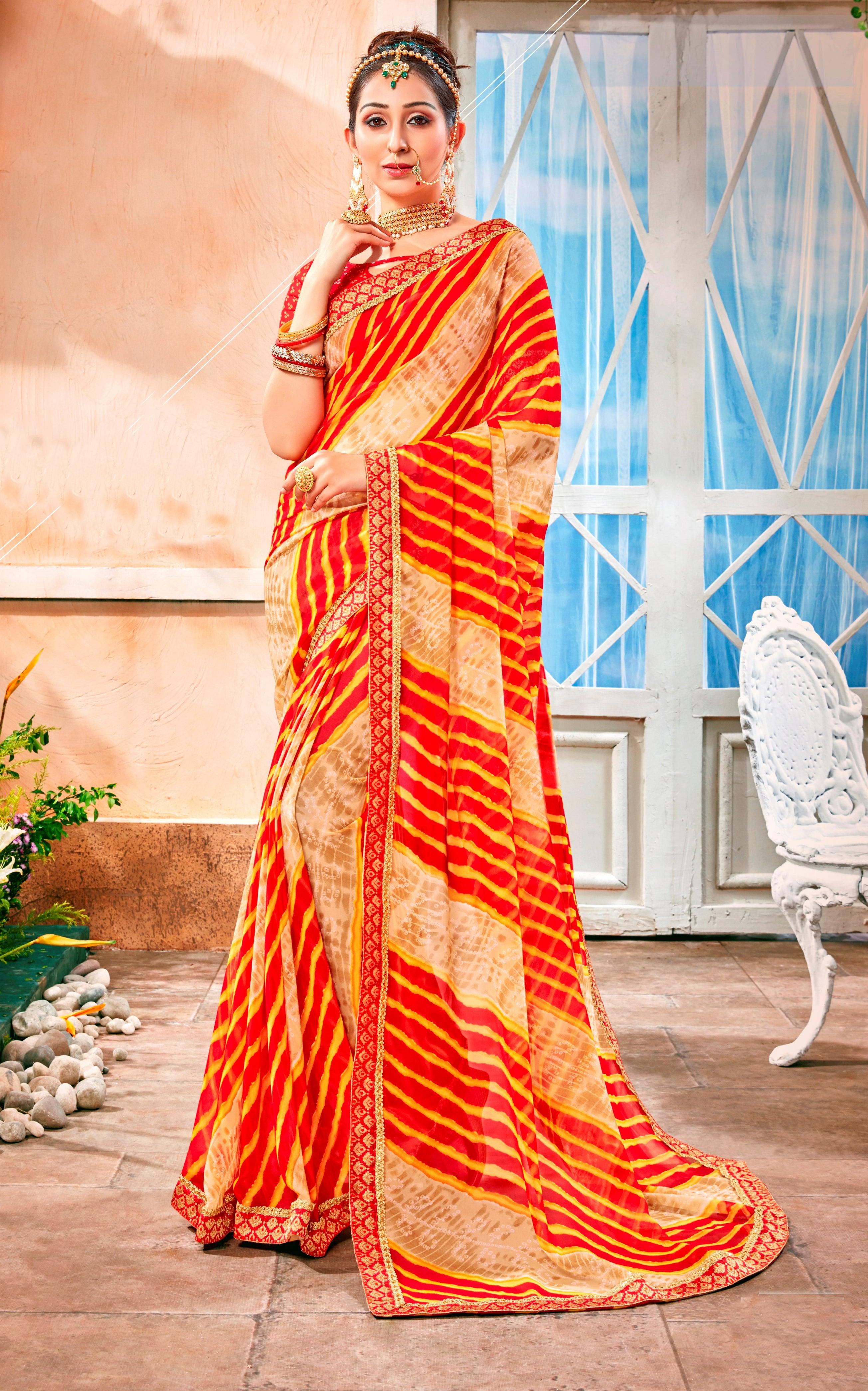 Satrani Yellow Printed Saree With Unstitched Blouse