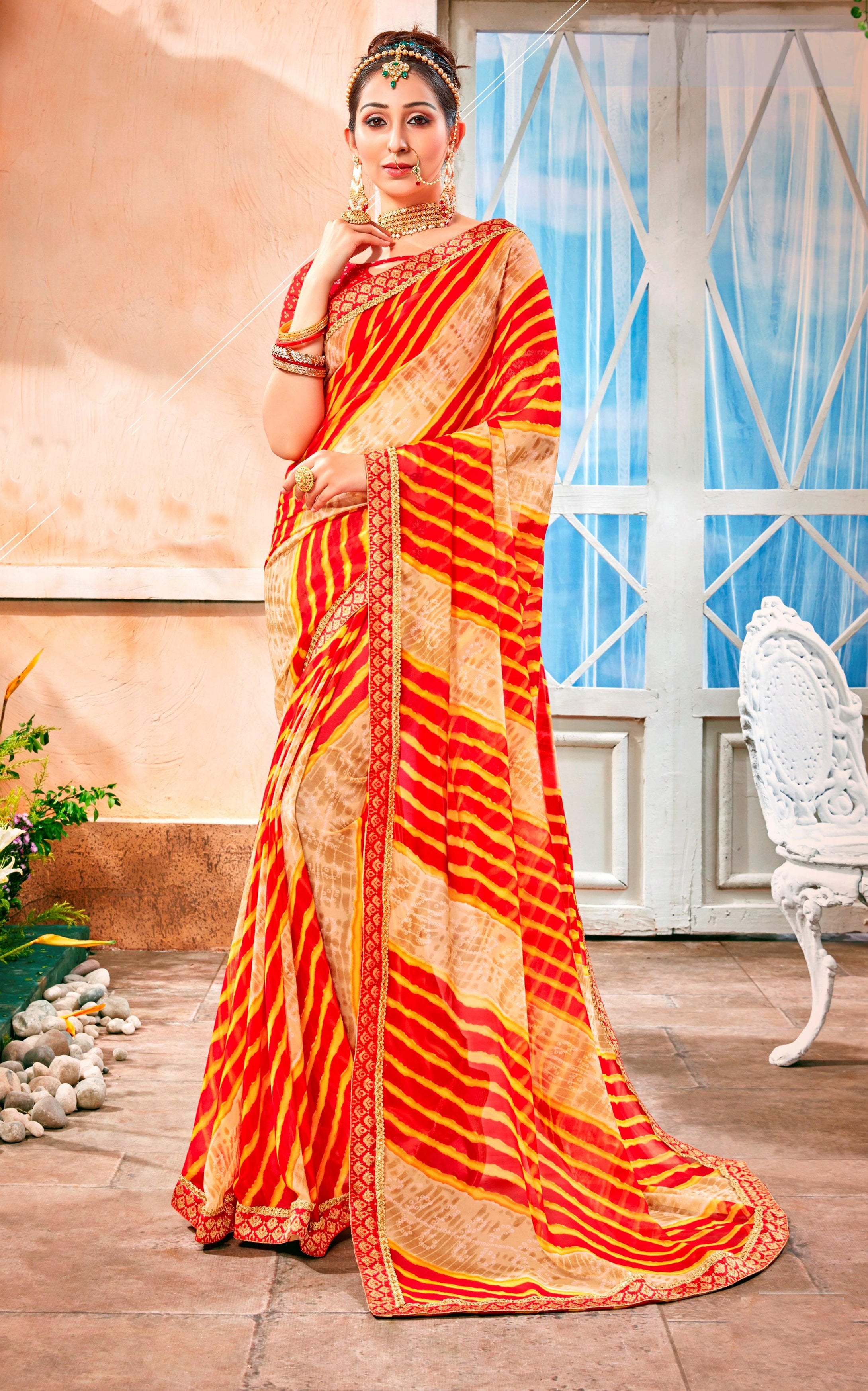 Designer Faux Georgette Red Yellow Printed Lehariya Saree LEH51-Anvi Creations-Lehariya Saree,Teej saree