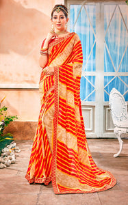 Designer Faux Georgette Red Yellow Printed Lehariya Saree LEH51-Anvi Creations-Lehariya Saree,Teej saree