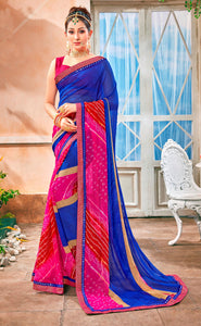 Designer Faux Georgette Blue Pink Printed Lehariya Saree LEH54-Anvi Creations-Lehariya Saree,Teej saree