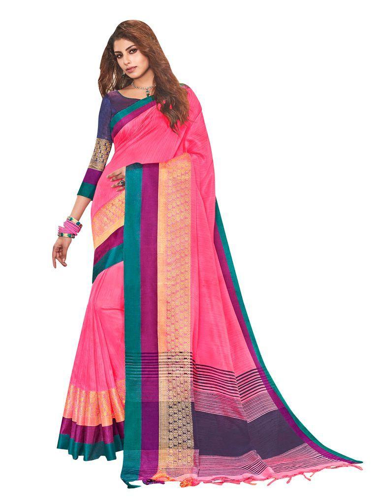 Solid Border Pink Cotton Silk Saree LT06-Anvi Creations-Cotton Silk saree