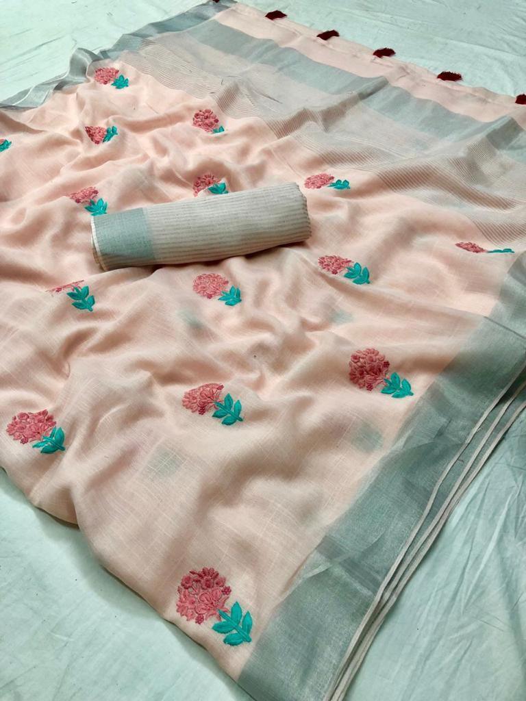 Designer Baby Pink Linen Cotton Embroidered Saree LT63003-Anvi Creations-Handloom saree,Linen Embroidered Saree