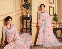 Charger l&#39;image dans la galerie, Designer Baby Pink Linen Cotton Embroidered Saree LT63003-Anvi Creations-Handloom saree,Linen Embroidered Saree