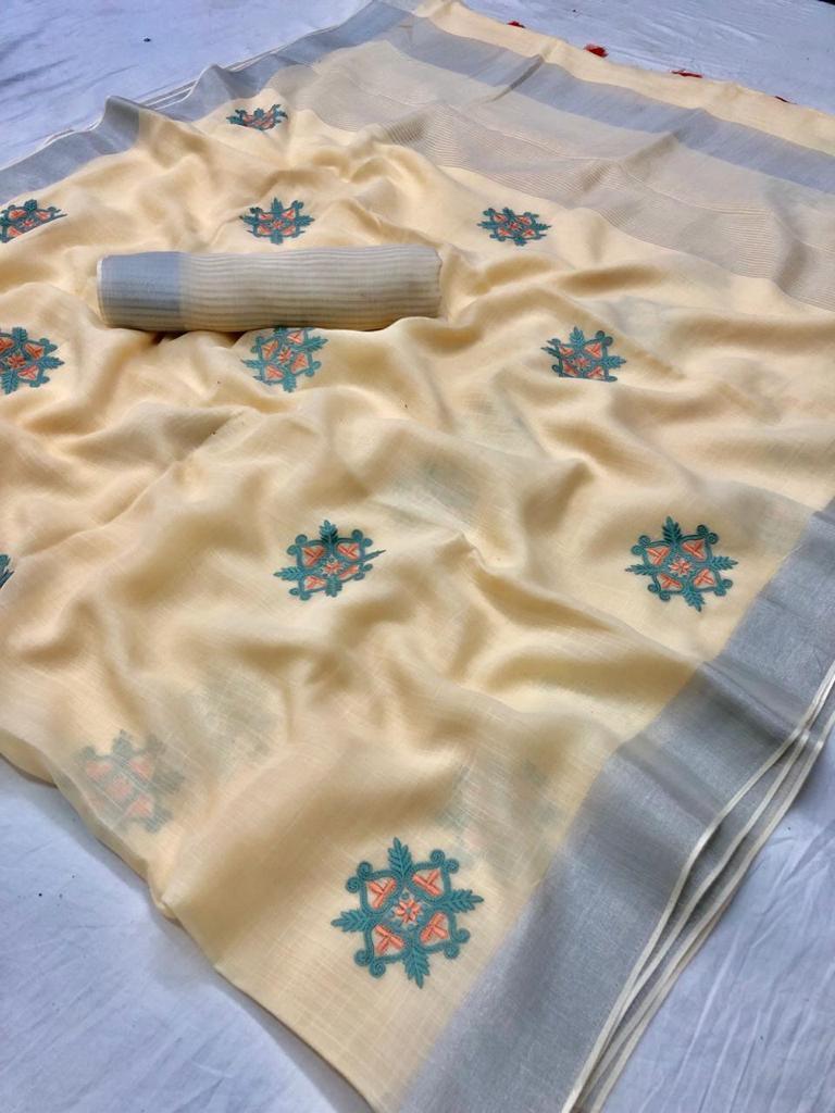 Designer Yellow Linen Cotton Embroidered Saree LT63004-Anvi Creations-Handloom saree,Linen Embroidered Saree