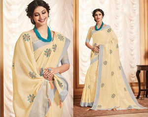 Designer Yellow Linen Cotton Embroidered Saree LT63004-Anvi Creations-Handloom saree,Linen Embroidered Saree