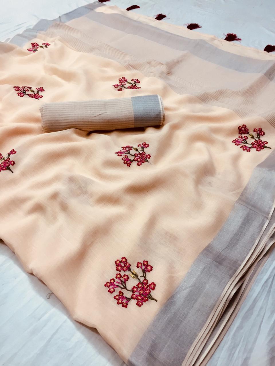 Designer Peachy Cream Linen Cotton Embroidered Saree LT63008-Anvi Creations-Handloom saree,Linen Embroidered Saree