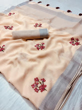 Charger l&#39;image dans la galerie, Designer Peachy Cream Linen Cotton Embroidered Saree LT63008-Anvi Creations-Handloom saree,Linen Embroidered Saree