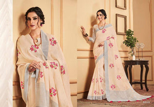 Designer Peachy Cream Linen Cotton Embroidered Saree LT63008-Anvi Creations-Handloom saree,Linen Embroidered Saree