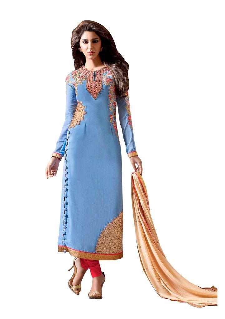 Designer Sky Blue Georgette Embroidered Dress Material Nazmeen Dupatta M10031-Anvi Creations-Salwar Kameez