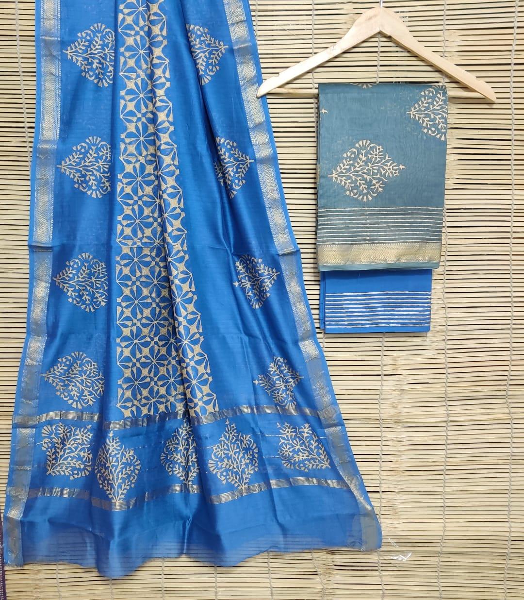 Exclusive Gray Blue Maheshwari Silk Salwar Kameez Dress Material MB17 - Ethnic's By Anvi Creations