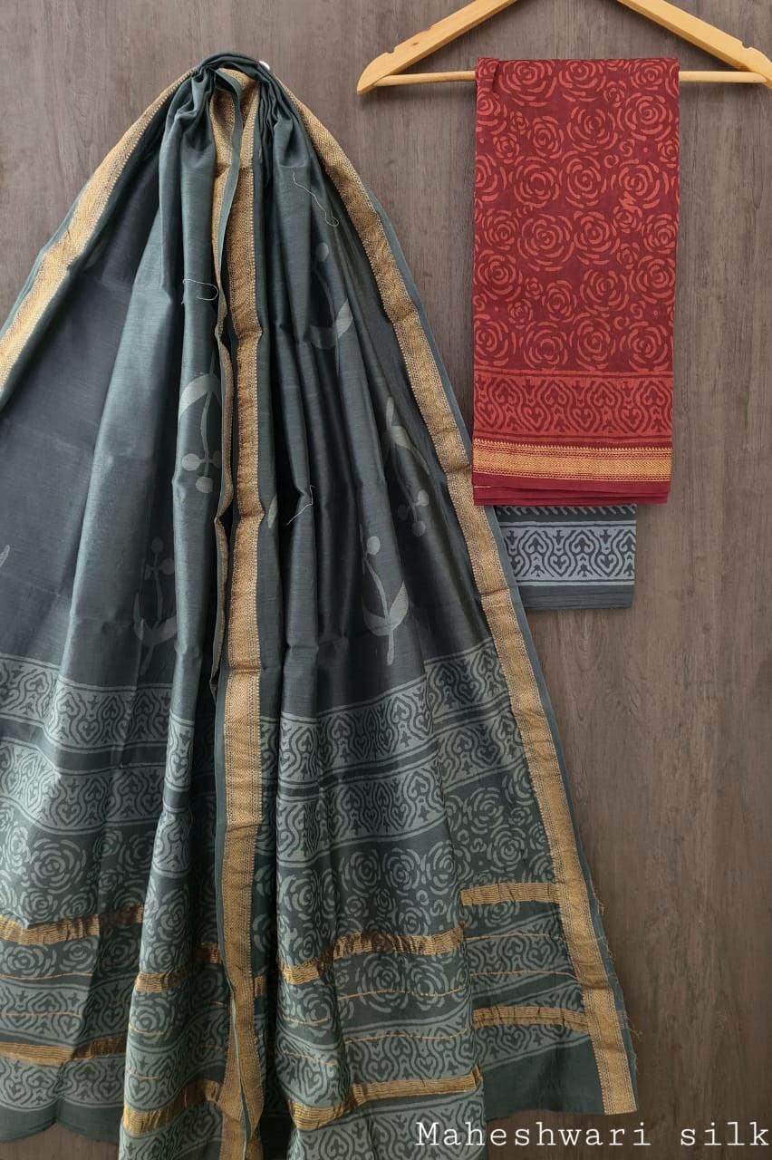 Exclusive Maroon Grey Maheshwari Silk Salwar Kameez Dress Material MB24 - Ethnic's By Anvi Creations