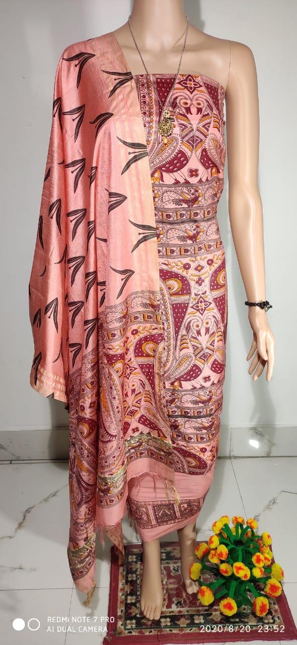 Peachy Pink Madhubani Print Art Silk Suit MD16 - Ethnic's By Anvi Creations