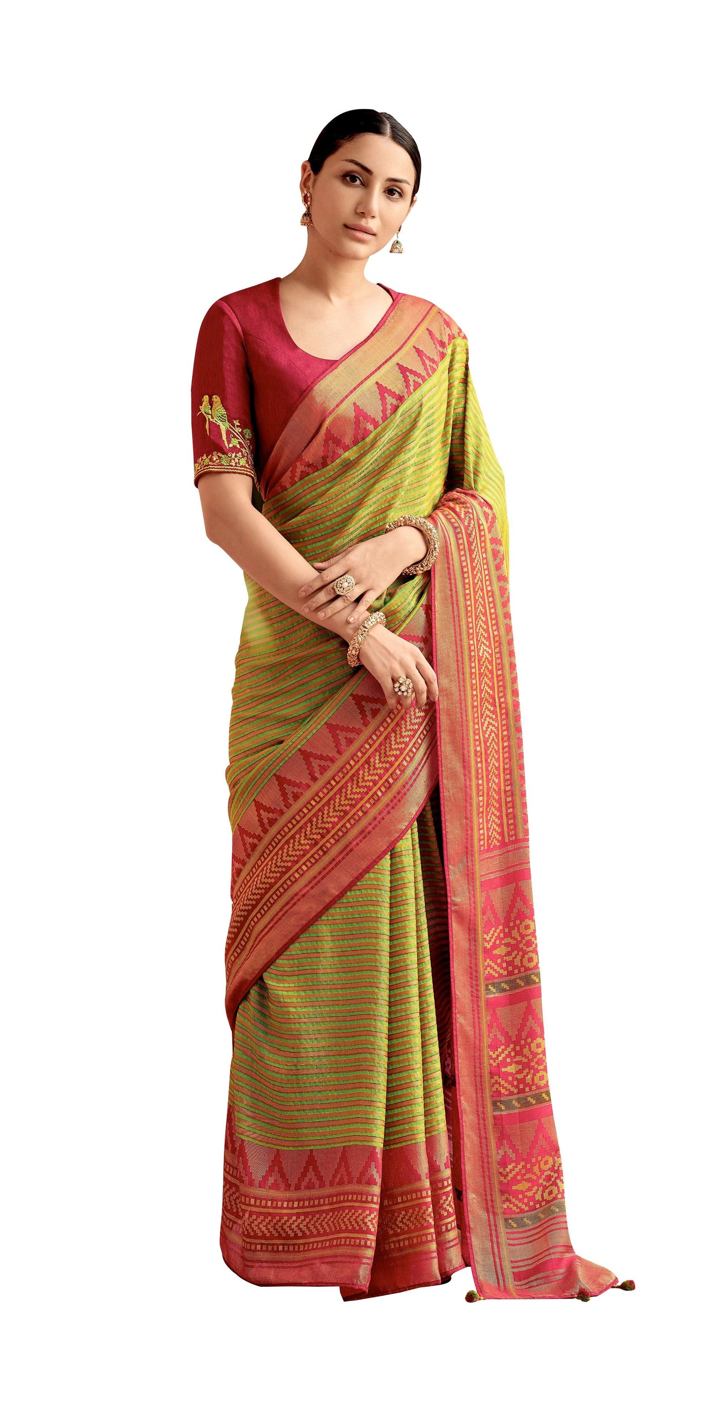 Green Paithani Weave Printed Saree with embroidered Blouse M041 - Ethnic's By Anvi Creations